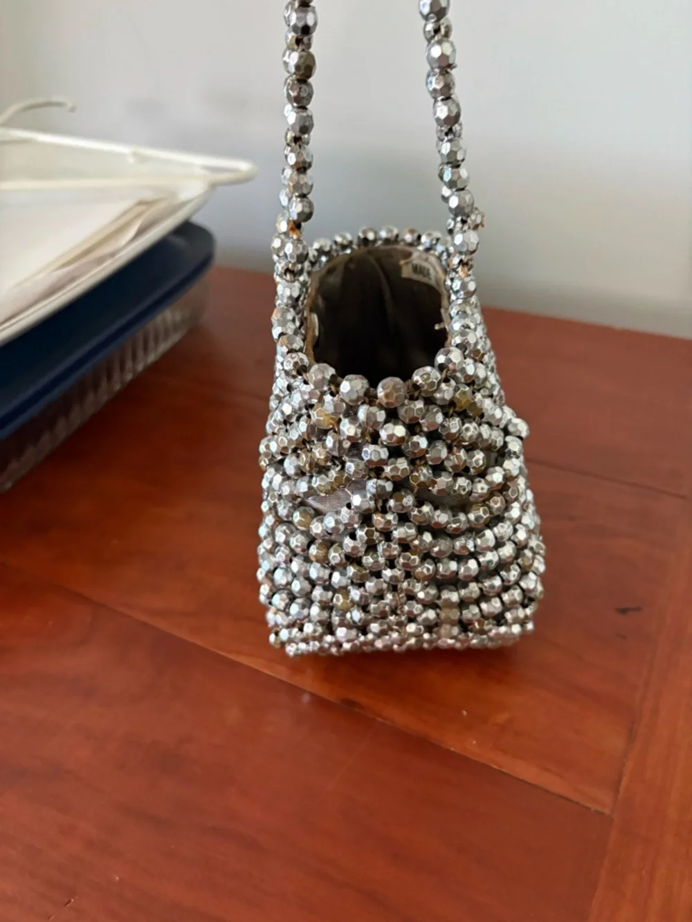 Y2K Silver Beaded Mini Bag Italy Metallic Evening Purse Vintage Glam - Picture 9 of 10